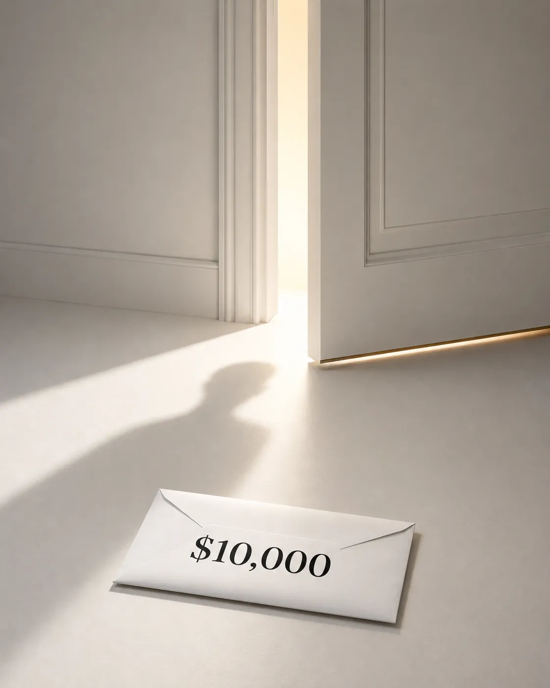 An envelope marked $10,000 lying on the floor beside a door, with light spilling through the gap