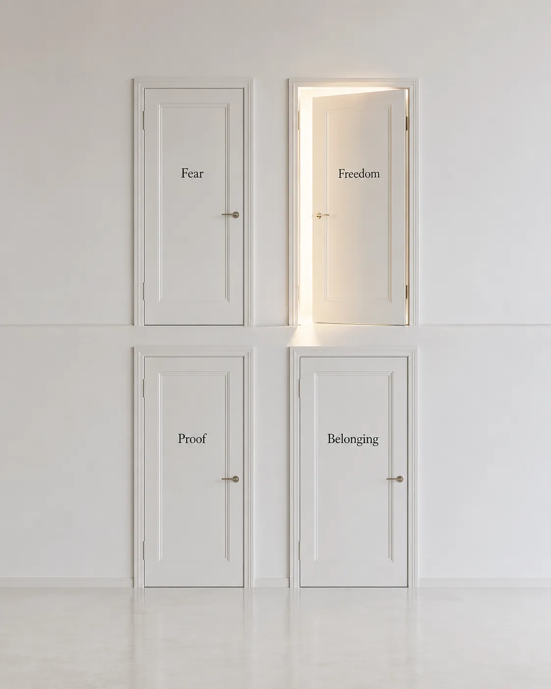 Four white doors labelled Fear, Freedom, Proof and Belonging, with light coming from behind the Freedom door